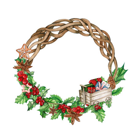 Christmas wreath with fir branches, watercolor illustration for cards, backgrounds, scrapbooking. Hand drawn background with New year plants and berries for your design.Perfect for wedding invitation.の写真素材