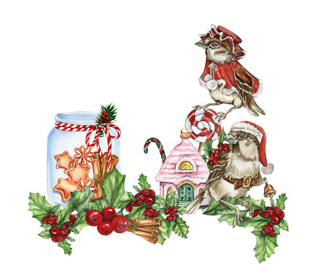 Christmas composition with glass bottle with gingerbread inside and sparrow. Watercolor hand drawn illustration. New Year's card, perfect for wedding, invitations, blogs, card templates, patterns.の写真素材