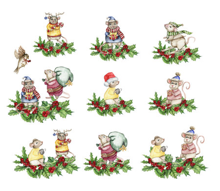 Christmas composition with mice in cartoon style set. Watercolor Christmas hand drawn illustration for cards, backgrounds, scrapbooking and your design. Perfect for wedding invitation.の写真素材