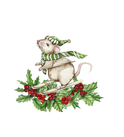 Christmas composition with mice in cartoon style. Watercolor Christmas hand drawn illustration for cards, backgrounds, scrapbooking and your design. Perfect for wedding invitation.の写真素材