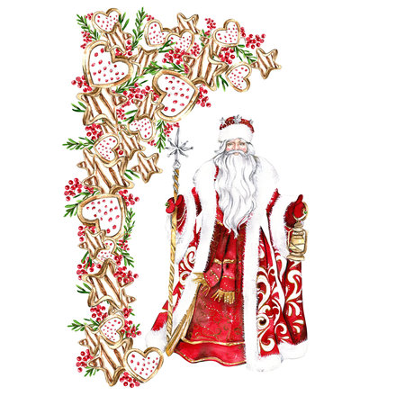 Composition for Christmas Santa in a red coat and cookies. Winter hand drawn illustrations for cards, backgrounds, scrapbooking and your design. Perfect for wedding invitation.の写真素材