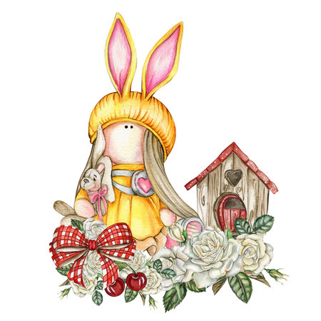 Composition of doll Tilda in dress and rose flowers. Hand drawn watercolor illustration. Design for baby shower party, birthday, cake, holiday celebration design, greetings card, invitation, stickers, posters.の写真素材