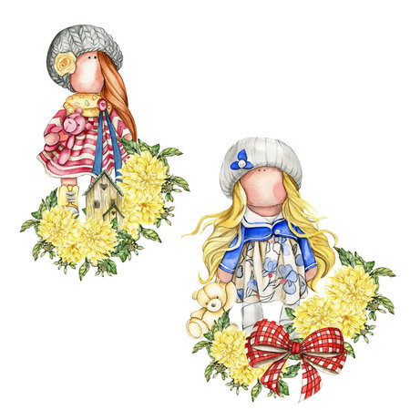 Composition of doll Tilda in dress and dahlia flowers. Hand drawn watercolor illustration. Design for baby shower party, birthday, cake, holiday celebration design, greetings card, invitation, stickers, posters.の写真素材