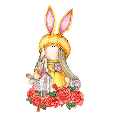 Composition of doll Tilda in dress and rose flowers. Hand drawn watercolor illustration. Design for baby shower party, birthday, cake, holiday celebration design, greetings card, invitation, stickers, posters.の写真素材
