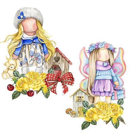 Composition of doll Tilda in dress and rose flowers. Hand drawn watercolor illustration. Design for baby shower party, birthday, cake, holiday celebration design, greetings card, invitation, stickers, posters.の写真素材