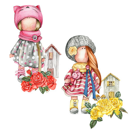 Composition of doll Tilda in dress and rose flowers. Hand drawn watercolor illustration. Design for baby shower party, birthday, cake, holiday celebration design, greetings card, invitation, stickers, posters.の写真素材