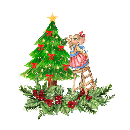 Watercolor Christmas mice in cartoon style composition. Watercolor Christmas hand drawn illustration for cards, backgrounds, scrapbooking and your design.の写真素材