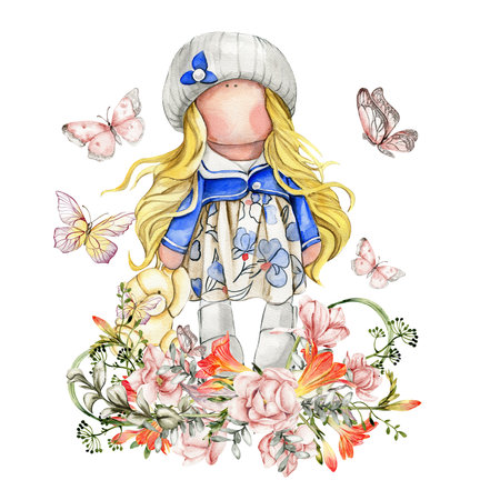 Composition of doll Tilda in dress and freesia flowers. Hand drawn watercolor illustration. Design for baby shower party, birthday, cake, holiday celebration design, greetings card, invitation, stickers, posters.の写真素材