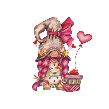 Composition with Valentines Nordic gnomes, gift boxes and flowers. Cute valentine's day postcard. Watercolor elements for birthday, cake, holiday celebration design, greetings card, invitation.の写真素材