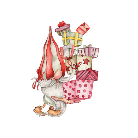 Composition with Valentines Nordic gnomes, gift boxes and flowers. Cute valentine's day postcard. Watercolor elements for birthday, cake, holiday celebration design, greetings card, invitation.の写真素材