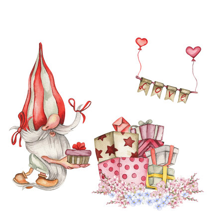 Composition with Valentines Nordic gnomes, gift boxes and flowers. Cute valentine's day postcard. Watercolor elements for birthday, cake, holiday celebration design, greetings card, invitation.の写真素材