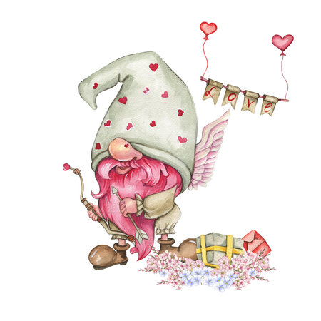 Composition with Valentines Nordic gnomes, Scandinavian gnomes and flowers. Cute valentine's day postcard. Watercolor elements for birthday, cake, holiday celebration design, greetings card, invitation.の写真素材