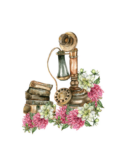 Watercolor rusty old elements and dahlia composition. Hand drawn illustration or a summer garden. Design for baby shower party, birthday, cake, holiday celebration design, greetings card, invitation.の写真素材