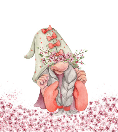 Composition with Valentines Nordic gnomes, Scandinavian gnomes and flowers. Cute valentine's day postcard. Watercolor elements for birthday, cake, holiday celebration design, greetings card, invitation.の写真素材