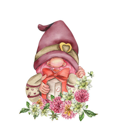 Composition with Valentines Nordic gnomes, Scandinavian gnomes and flowers. Cute valentine's day postcard. Watercolor elements for birthday, cake, holiday celebration design, greetings card, invitation.の写真素材
