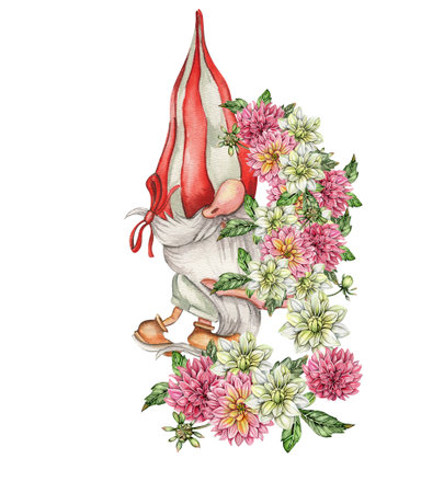 Composition with Valentines Nordic gnomes, Scandinavian gnomes and flowers. Cute valentine's day postcard. Watercolor elements for birthday, cake, holiday celebration design, greetings card, invitation.の写真素材