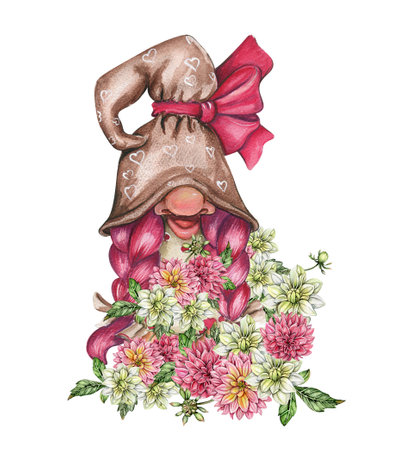 Composition with Valentines Nordic gnomes, Scandinavian gnomes and flowers. Cute valentine's day postcard. Watercolor elements for birthday, cake, holiday celebration design, greetings card, invitation.の写真素材