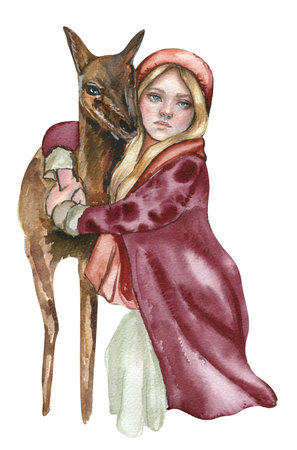 Girl with an animal. Watercolor illustration for cards, backgrounds, scrapbooking. Cartoon hand drawn background with flower for kids design .Perfect for wedding invitation.の写真素材