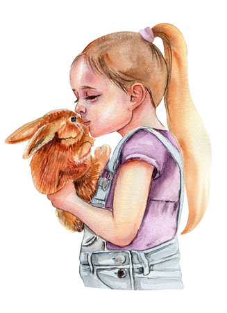 Girl with an animal. Watercolor illustration for cards, backgrounds, scrapbooking. Cartoon hand drawn background with flower for kids design .Perfect for wedding invitation.の写真素材