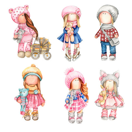 Watercolor hand drawn doll Tilda in dress. Hand drawn watercolor illustration. Design for baby shower party, birthday, cake, holiday celebration design, greetings card, invitation, stickers, posters.の写真素材