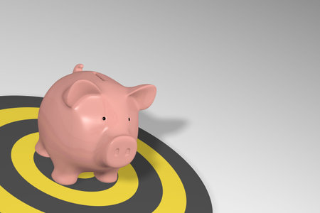 Piggy bank - pink pig on yellow target circlesの写真素材