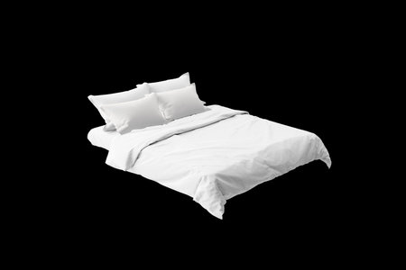 Empty blank Double bed with white bedding isolated in background. Mock up. 3d rendering.の写真素材