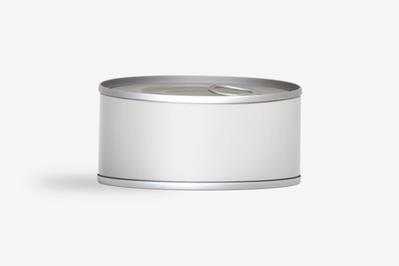 Empty blank tin can Mock up isolated on a gray background. Pets meal tin can. 3d rendering.