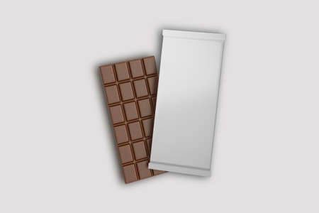 Chocolate bar mock up with packaging isolated on a gray background. Milk chocolate stick mock up. 3d rendering.の写真素材