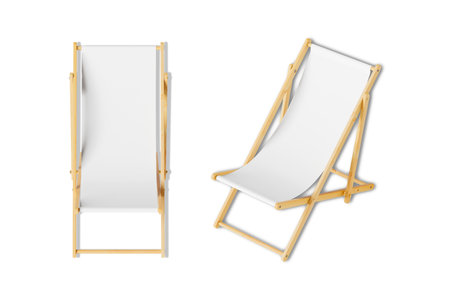 Folding blank wooden deckchair or beach chair mock up on isolated white background, 3d rendering