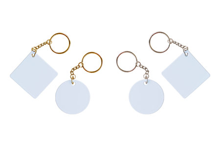 Blank keychain mockup template isolated on white background. 3d rendering. Two keychains with...
