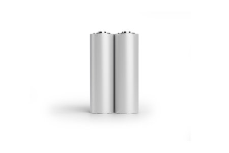 AA batteries in front closeup view on white background. AA battery packaging mockup isolated. 3d rendering.の写真素材
