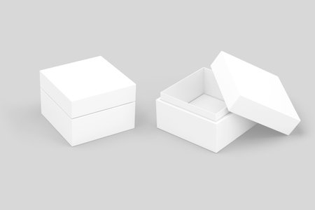 Blank white square box open and closed mockup isolated on a gray background with clipping path.3d rendering.の写真素材