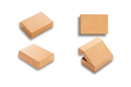 Brown mailer packaging box mockup isolated on white background. Top, front and side view, open and close, set of Kraft cardboard boxes. 3d rendering.の写真素材