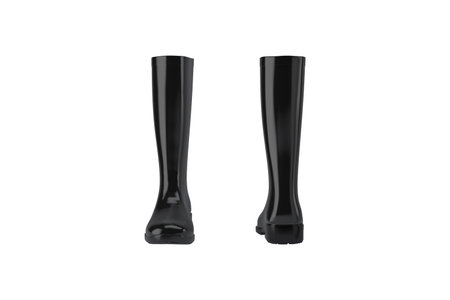 Black rubber boots isolated on white background. 3d rendering. Side view.a pair of gumboots, gummies, rain boots, wellies, muck boots.の写真素材