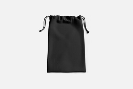 Black drawstring bag mockup isolated on background. Fabric cotton small bag. Isolated pouch. 3d rendering.の写真素材