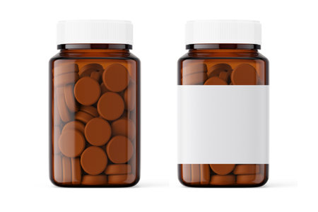 Clear amber glass medicine bottle with tablets, transparent on background.  Photo-realistic packaging mockup template with sample.3d rendering.の写真素材