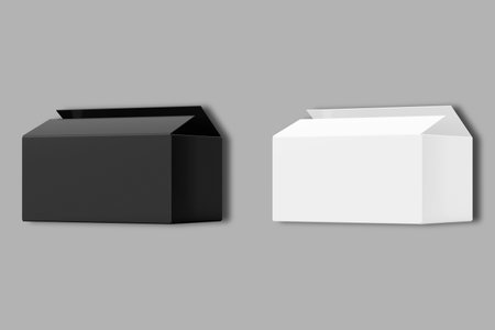 Empty blank black and white open shoe box packaging mockup isolated on a grey background. 3d rendering.の写真素材