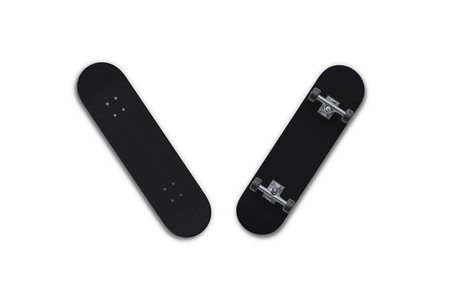Black skateboard mockup isolated on white background. 3d rendering.の写真素材