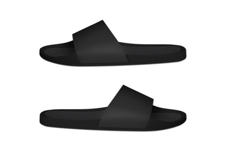 Blank black rubber sandal flip flop slippers template mockup isolated over white background. Men's sandal mockup. 3d rendering.の写真素材