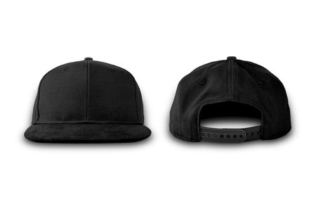 Fitted black hat from different angles isolated on a white background. Front, top, back and side view of black cap.Blank baseball snap back cap color black on white background.の写真素材