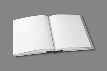Close up of a empty blank white open hardcover book on a grey background. 3d rendering.