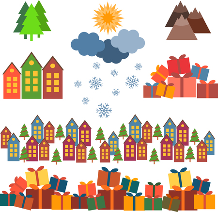Christmas set of vector images - houses, gifts, christmas trees, mountains, clouds, snowflakes, sunのイラスト素材