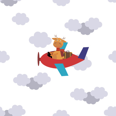 Cute seamless pattern with flying deer on a plane in cloudsのイラスト素材
