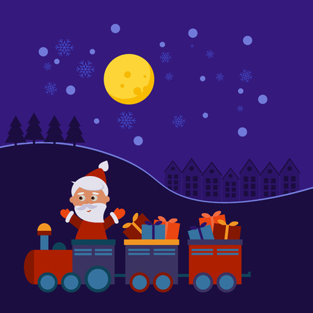 Santa Claus in a Christmas train with gifts at nightのイラスト素材