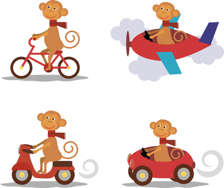 Set - cute monkey with scarf on scooter, bike, airplane, carのイラスト素材