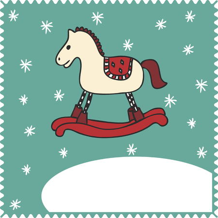 On the blue background - some circles and rocking horse under central empty space for your text.のイラスト素材