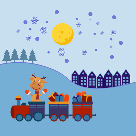 Santa Deer Claus in a Christmas train with gifts.のイラスト素材