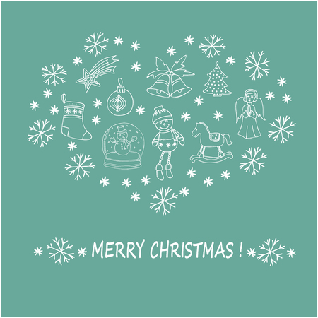 Christmas celebration concept - lots of new year and christmas symbols isolated on background with place or your text. Christmas flyer made in hand drawn style vector. Christmas card.  のイラスト素材