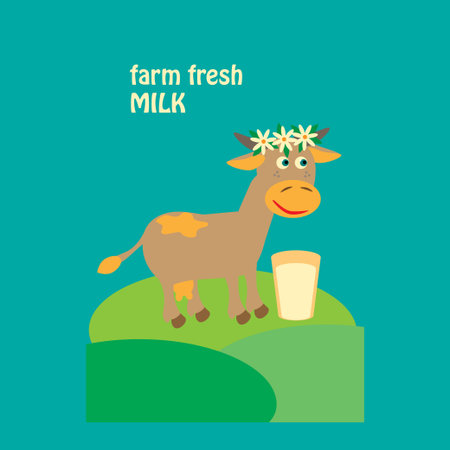 Organic milk label design with cute cow in milk glass. Vector illustration.のイラスト素材