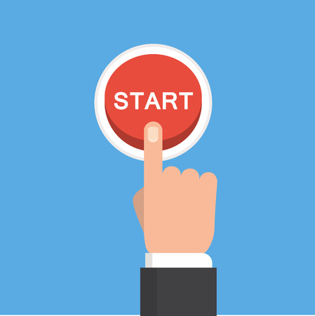 Hand pushing start button. Flat style. Tomorrow, new life, technology, business, beginning and start concept. EPS 10 vector illustration, no transparencyのイラスト素材